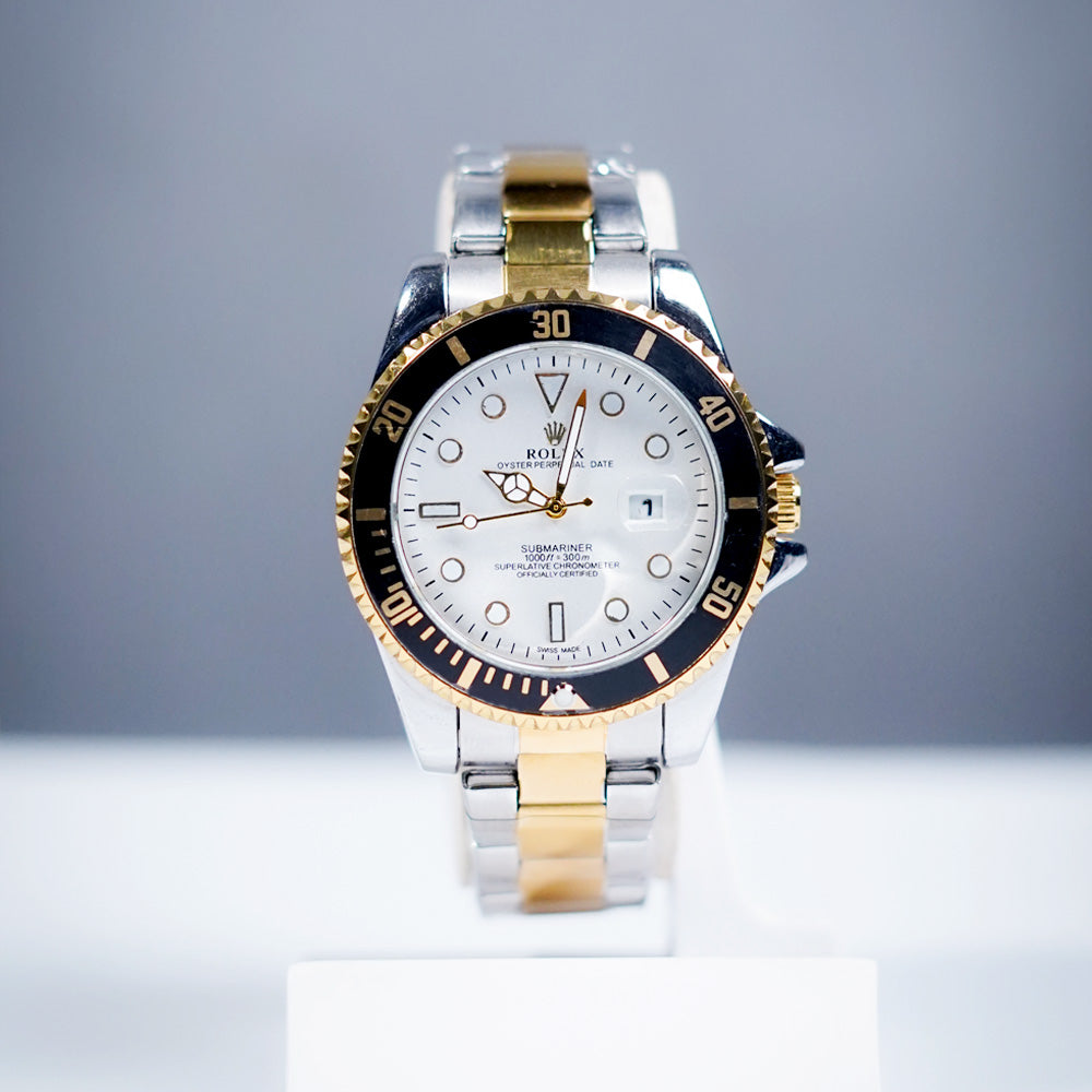 (K) RLX Premium Submariner Two-Tone Watch – Luxury Dive Style in Black, White & Blue