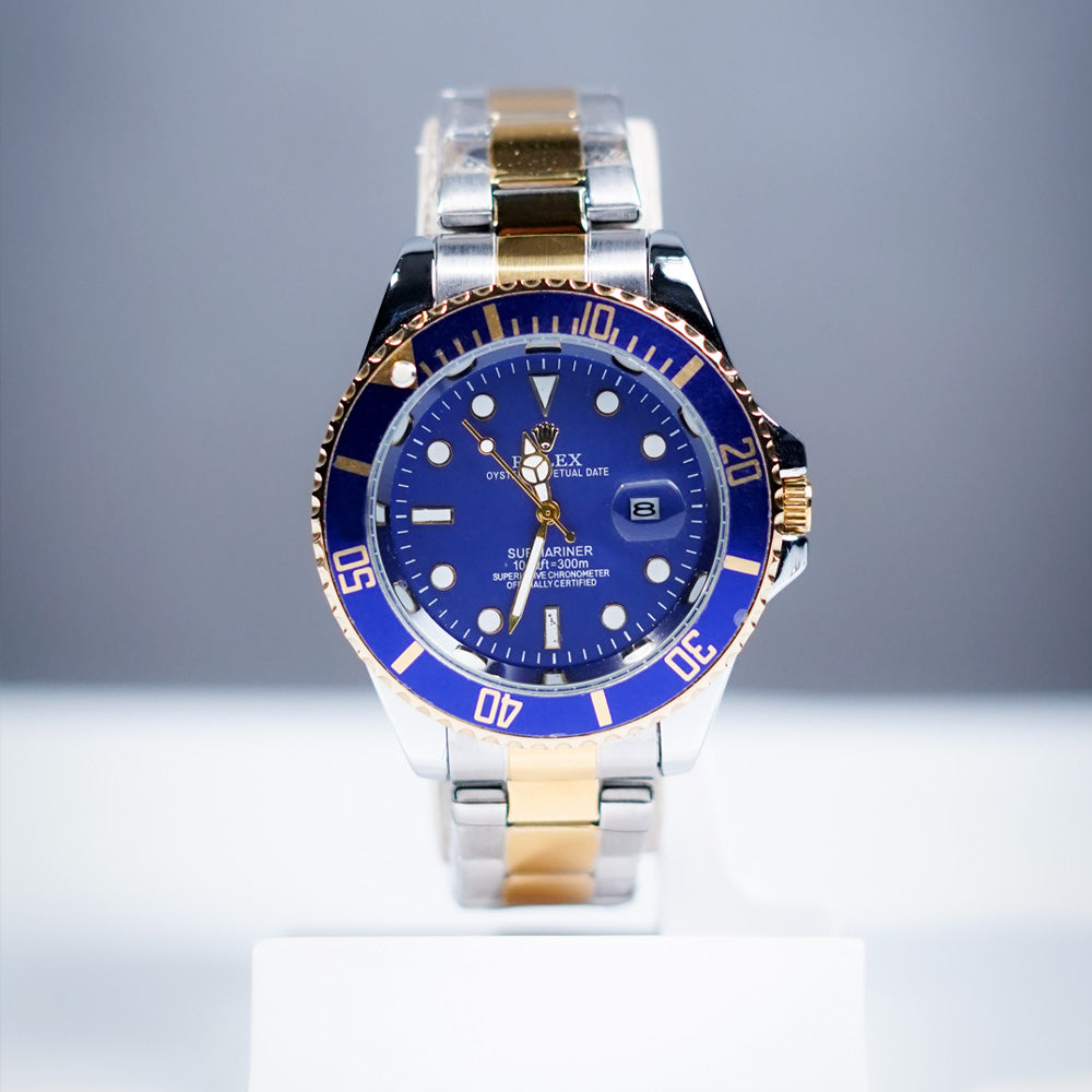 (K) RLX Premium Submariner Two-Tone Watch – Luxury Dive Style in Black, White & Blue