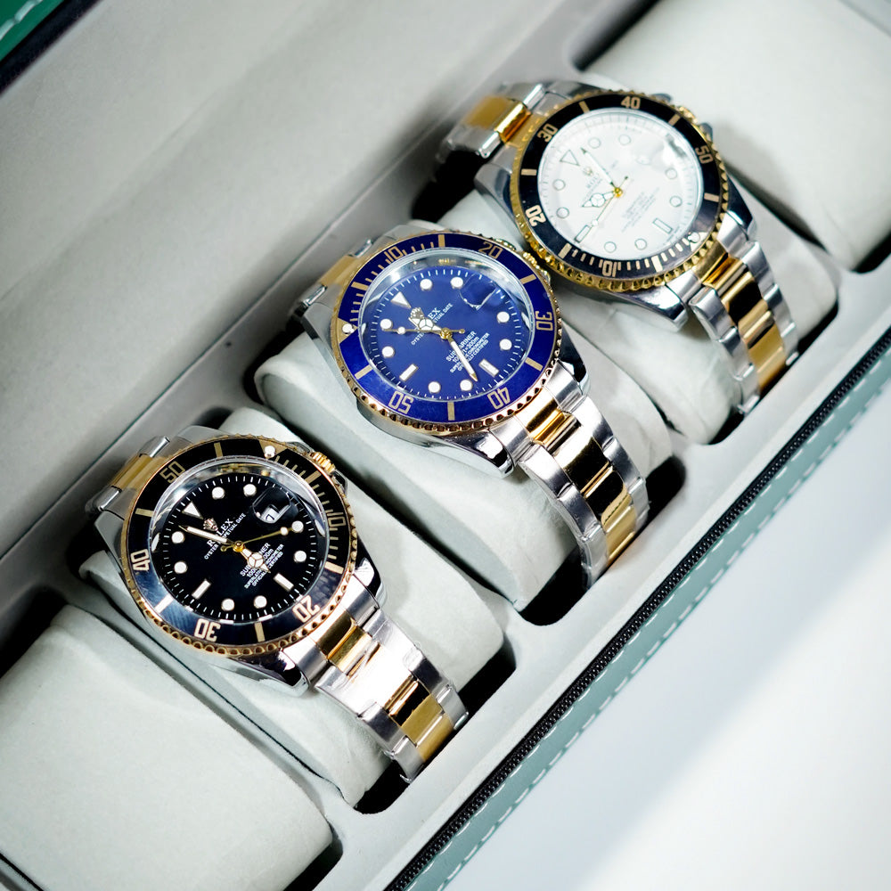 (K) RLX Premium Submariner Two-Tone Watch – Luxury Dive Style in Black, White & Blue